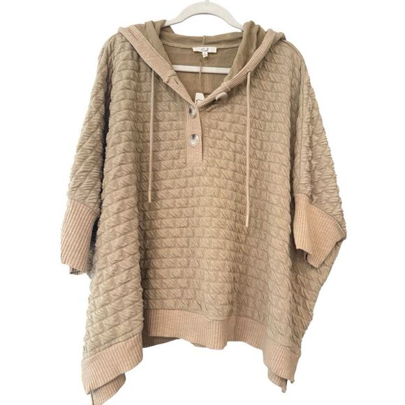 Easel Women's Puffed Textured Hacci Knit Hooded Pullover Top Khaki Large NWT - Picture 3 of 7